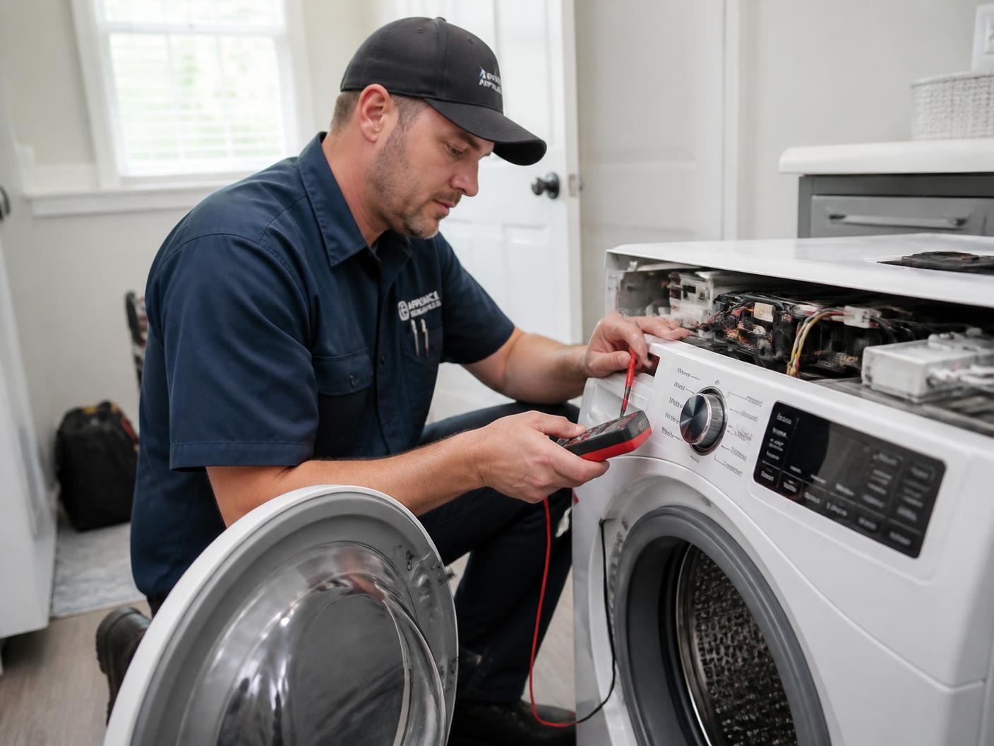 Professional technician repairing a washing machine in a Las Vegas home.